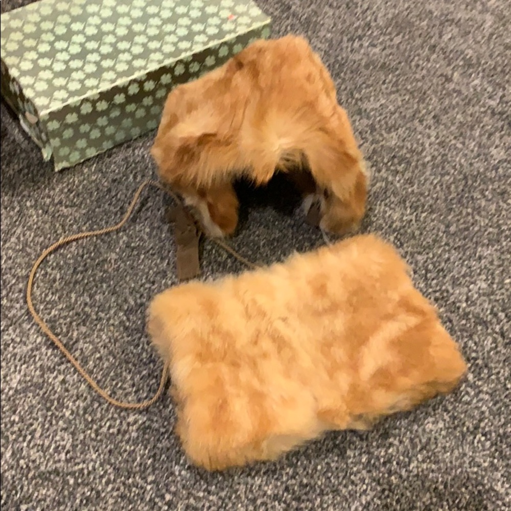 Vintage kids fur hat and hand warmer